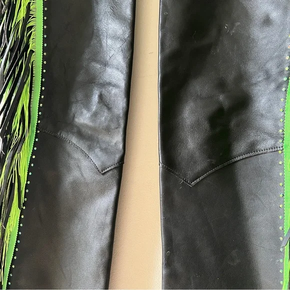 Black Leather Chaps with Green Fringe and Rhinestone Embellishments - Picture 7 of 16